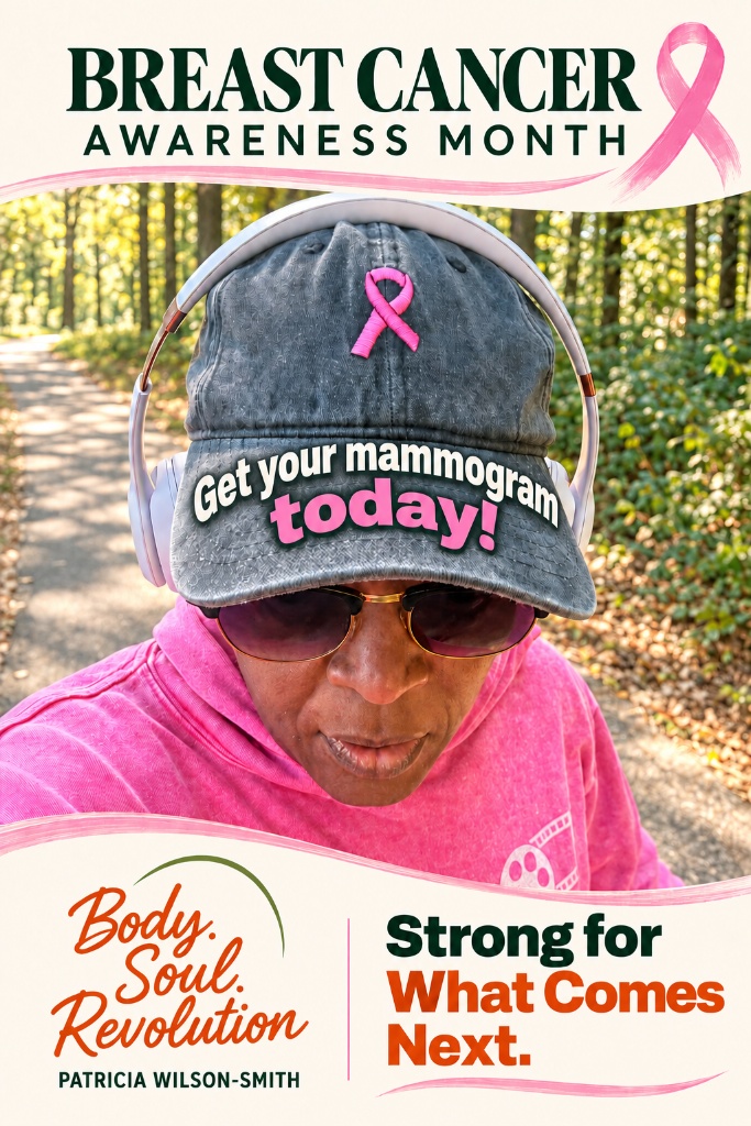 Patricia Wilson-Smith wearing a pink Breast Cancer Awareness Month hoodie and 'Get your mammogram today!' cap