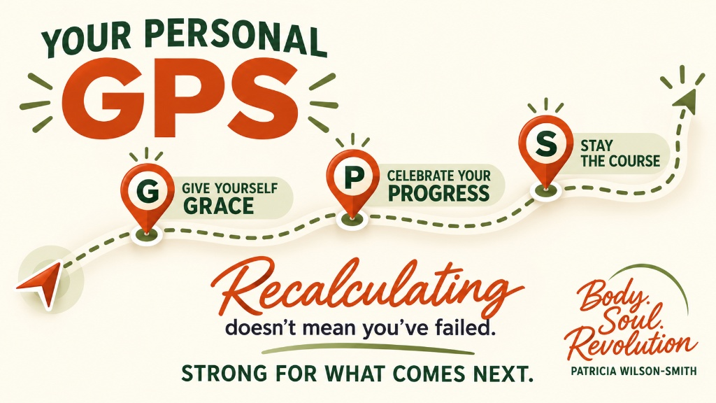 Your Personal GPS: Give yourself Grace, Celebrate your Progress, Stay the Course. Recalculating doesn't mean you've failed. Strong for what comes next.