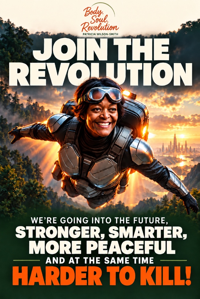 Join the Revolution — Patricia Wilson-Smith flying forward into the future, stronger, smarter, more peaceful, and harder to kill.
