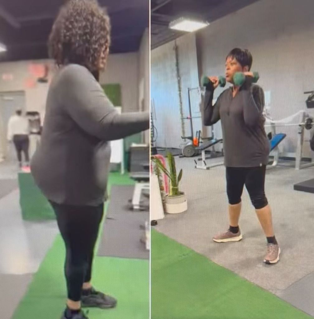 Patricia Wilson-Smith's transformation — then and now, lifting dumbbells in the gym